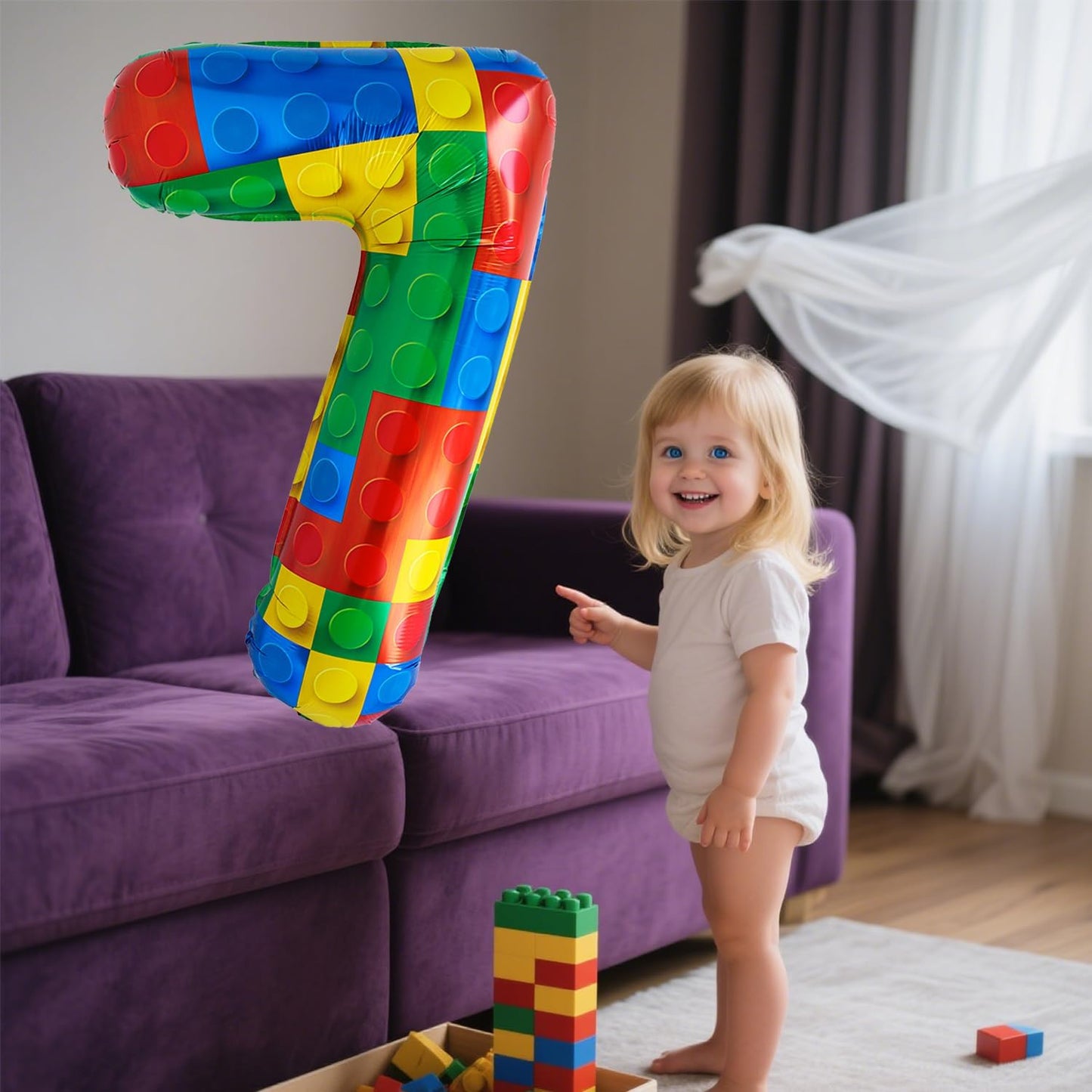 32 Inch Stackable Block Number 7 Balloon – Colorful Brick Building Themed Big Helium Digits for Kids Birthday Party Decorations (Building Block, Number 7)
