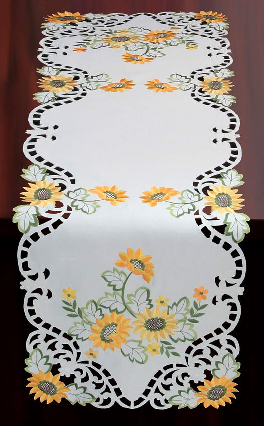 Creative Linens Sunflower Table Runner 15x53 Embroidered Cutwork Dresser Scarf White