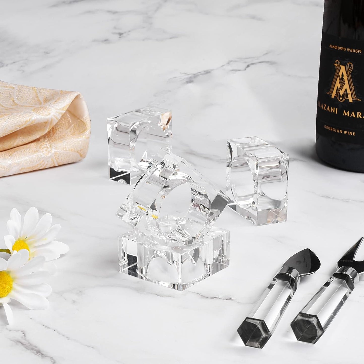 Crystal Napkin Holder Rings Square Design, Christmas Decorations for Dinner Clear 2" Set of 4