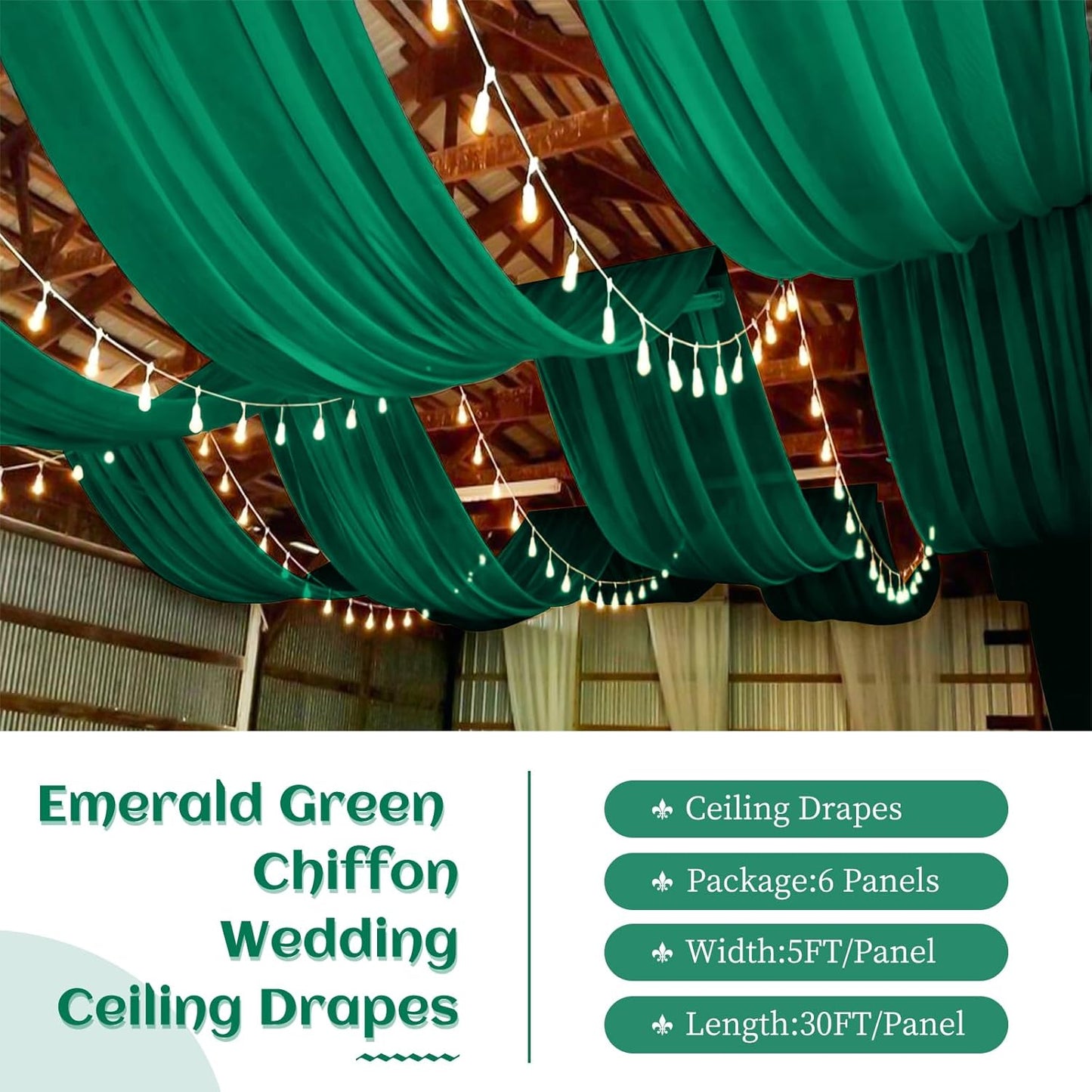 6 Panels Emerald Green Wedding Ceiling Drapes 5ftx30ft Ceiling Drapes Chiffon Fabric Arch Draping Sheer Curtains Soft Drapery Draping Wedding Ceiling Decorations for Party Ceremony Stage Swag
