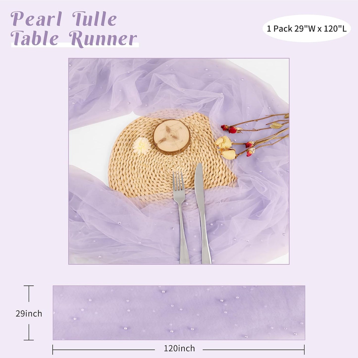 Pearl Table Runner 29 x 120 Inch Tulle Fabric Lace Table Runners Boho Rustic Tablecloth for Bridal Shower Birthday Party Wedding Arch Aisle Veil Dessert Table Decor(1 Pack, Light Purple)
