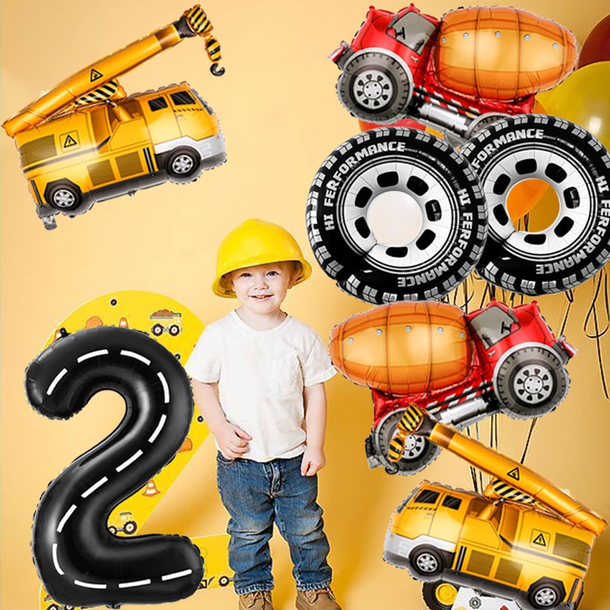 2nd Birthday Decorations for Boys Construction Balloons 40inch Number 2 Balloons Truck Foil Balloon for Construction Birthday Party Decorations Supplies