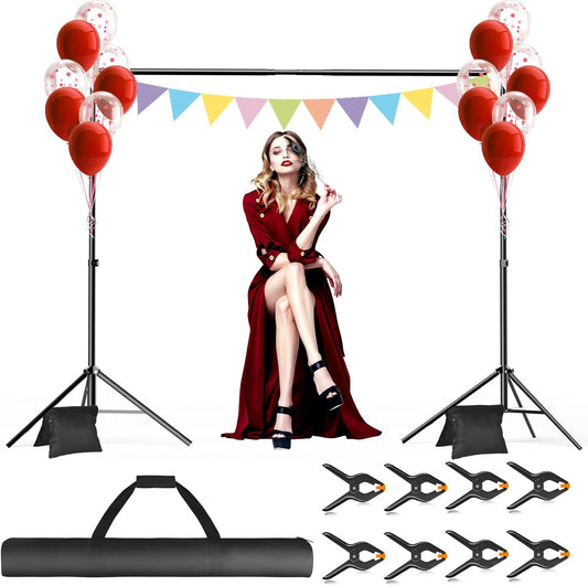 Backdrop Stand, 10x7ft(WxH) Photo Background Stand Adjustable Support Kit with 2 Crossbars, 8 Backdrop Clamps, 2 Sandbags and Carrying Bag for Parties Photography Wedding Decoration