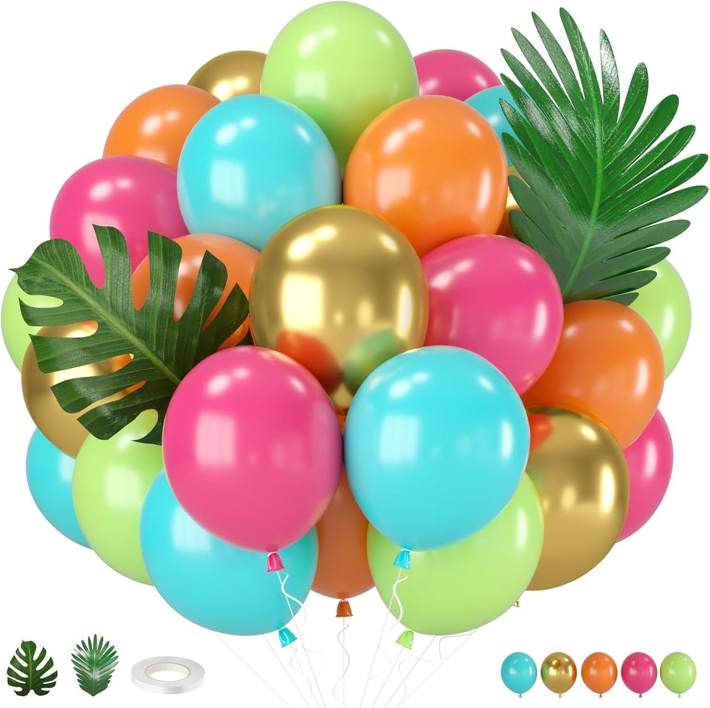 Tropical Balloons, 12 Inch Teal Metallic Gold Orange Pink Hot Fruit Green Balloons with Palm Leaves for Aloha Luau Pool Party Hawaiian Baby Shower Summer Birthday Party Decorations