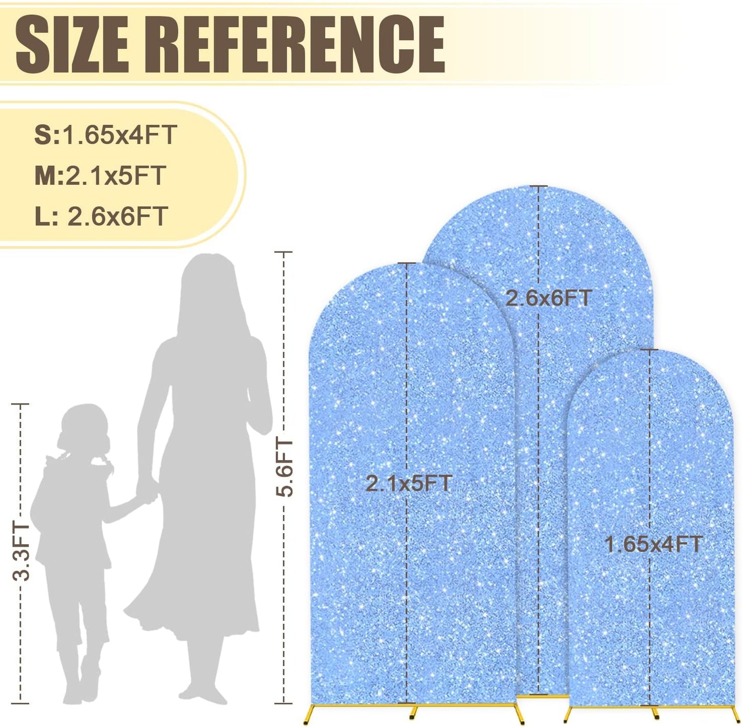 MODFUNS Metal Arch Backdrop Stand and Cover Set 4&5&6ft Light Blue Sequins Arch Backdrop Cover Set of 3 Balloon Arch Frame Romantic Arch Stand with Covers for Wedding Birthday Party Decoration