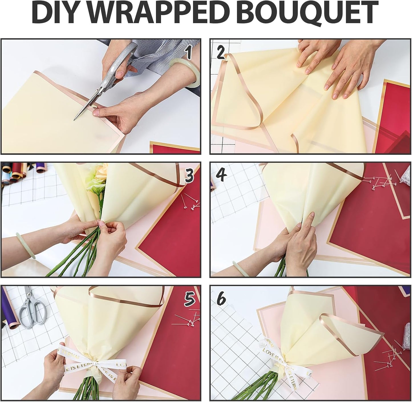 NESCCI 200 Sheets Flower Wrapping Paper - Waterproof Florist Bouquet Paper,70Ft Satin Ribbon, 36 Pcs 3D Butterflies 100 PCS Flower Pins for Wedding Birthday Gift DIY (10 Colors)