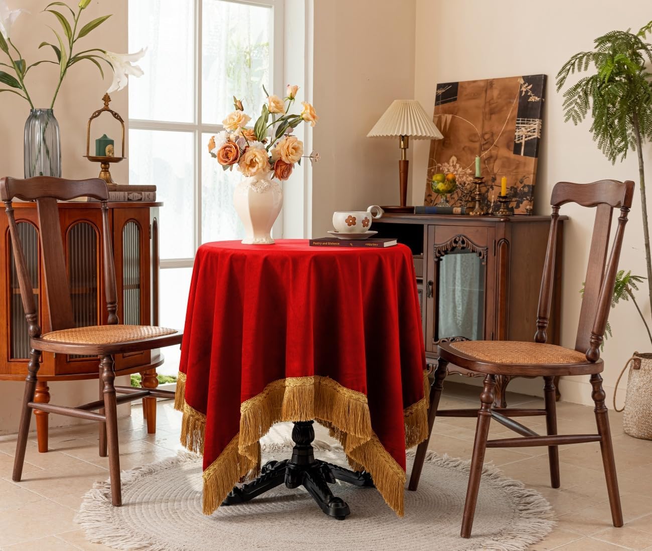 F-CHU Red Tablecloth Thickset Velvet Tablecloth with Beautiful Gold Tassels Vintage Table Cloth for Home Decor Wedding, Party, Banquet and Events 60x60-Inch