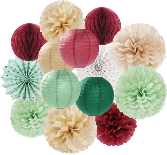 Sage-Olive Green Burgundy Champagne-Gold Party-Decorations - 14pcs Birthday Boho Paper Lanterns Fan Streamers,Tissue Pom Poms, Christmas Baby Bridal Shower Wedding Engagement Decor Lasting Surprise