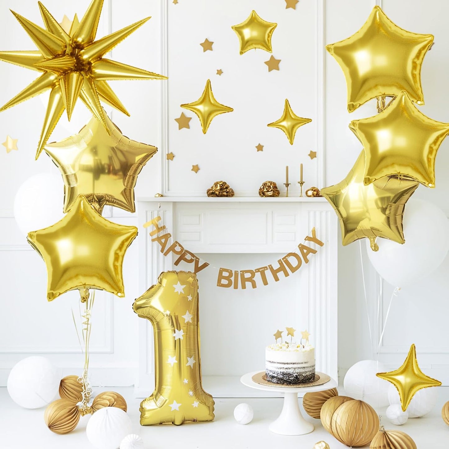 16 Pcs Gold Star Balloons, 22/18/10 Inch Foil Balloons, Four-Pointed Balloon for Kids Birthday Graduation Celebration Wedding Baby Shower 16 Pcs Decorations