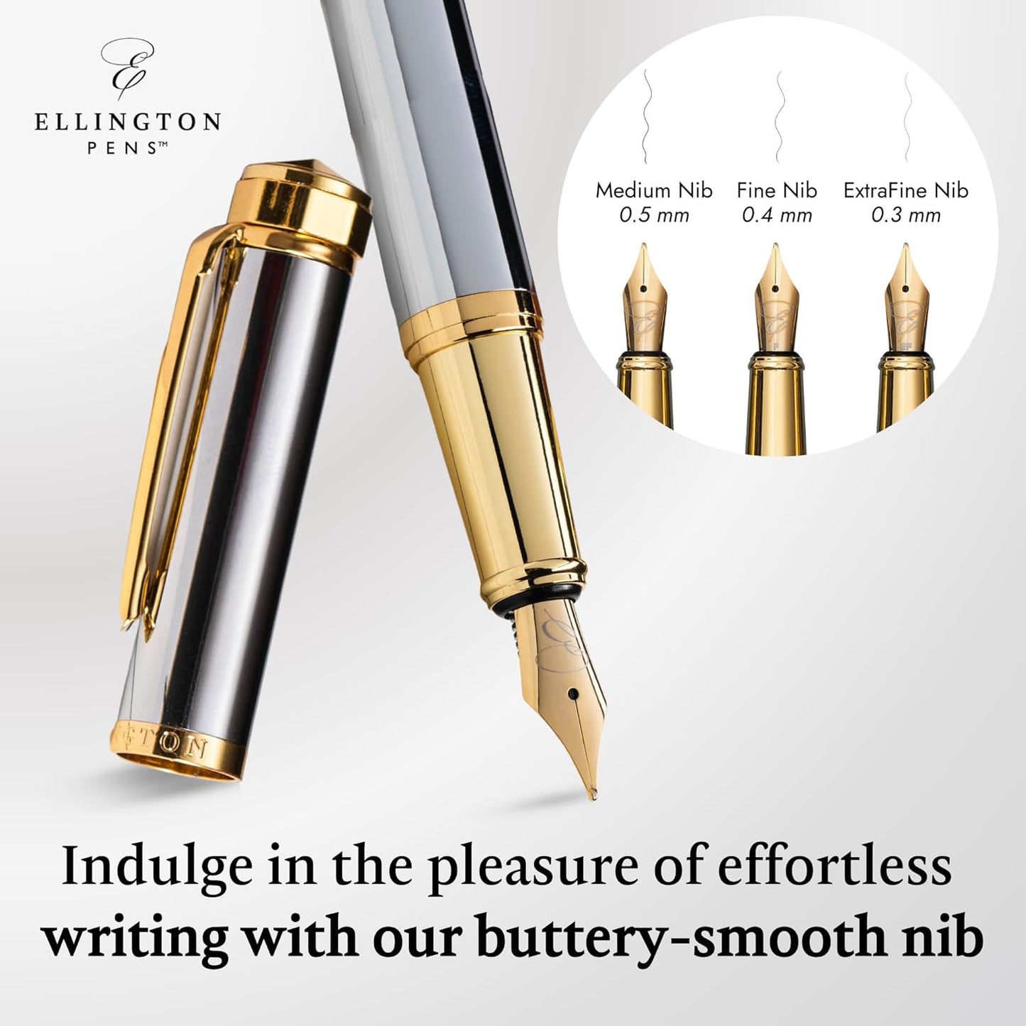 Ellington Pens Luxury Fountain Pen Set- Fountain Pens for Writing - Smooth Medium Nib - Includes Refillable Ink Converter, 3 Ink Cartridges [Black & Blue], Gift Box - Elegant Calligraphy