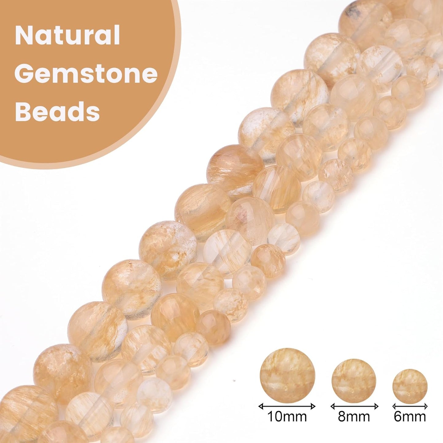 8mm Natural Stone Beads for Jewelry Making,Gold Rutilated Quartz Polished Smooth Round Gemstone Beads for Bracelet Necklace 15 Inch