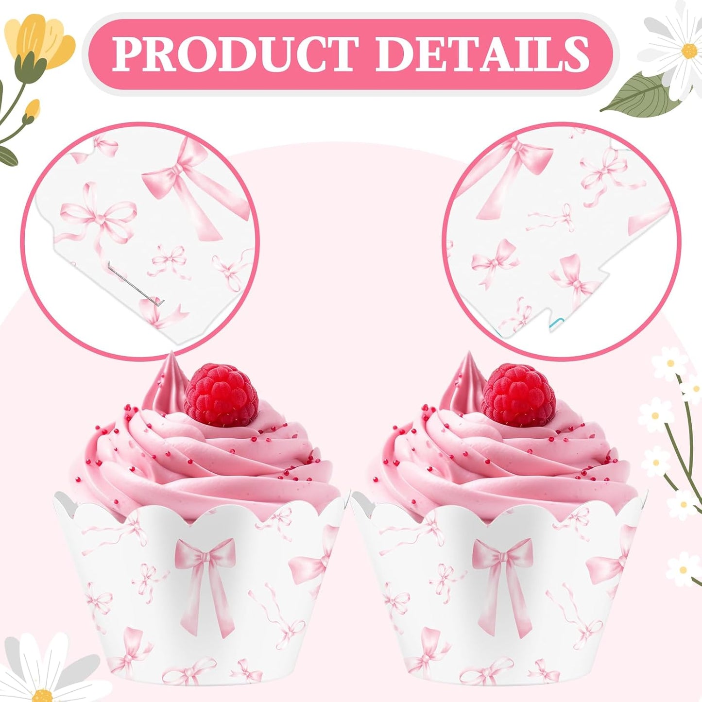 Domensi 100 Pcs Pink Bow Cupcake Wrappers Rustic Cupcake Liners Pink Baking Cups Baking Liners for Wedding Bridal Baby Shower Birthday Breast Cancer Awareness Party Supplies Dessert Decoration