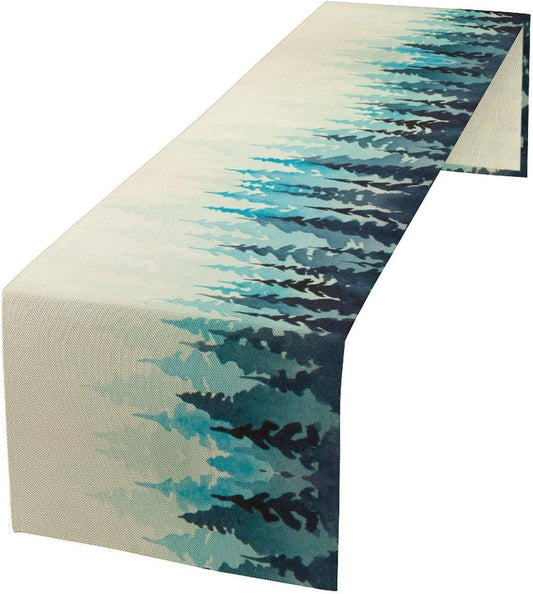 Misty Forest Table Runner,Foggy Blue Forest Landscape Table Runner for Kitchen Dining Table Home Party Decoration 13x120 Inch