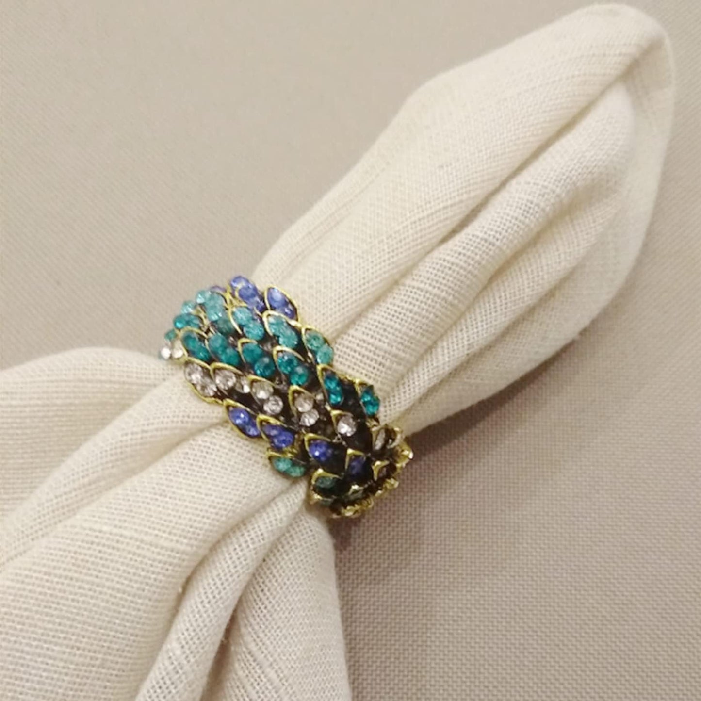 Jeweled Napkin Rings Set of 6 - Vintage Metal Crystal Rustic Peacock Napkin Ring Holders for Wedding Party Holiday, a Beautiful Dinner Table Décor (Multicolor)