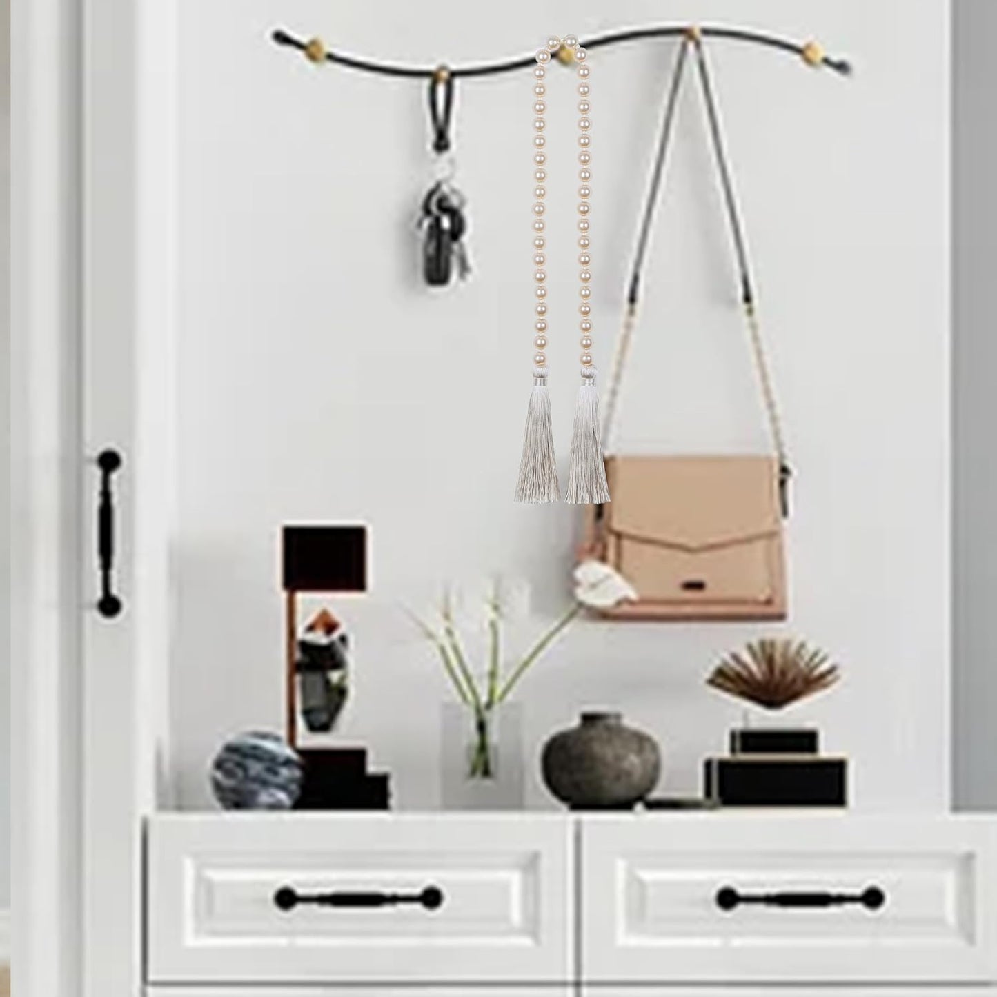 Fenghuangwu 34 Inch Glass Bead Garland with Tassels - Elegant Boho Table Decor, Fringe Wall Hanging for Wedding, Party, Farmhouse Rustic Prayer Bead Home Decoration(2 Pack,Off White)