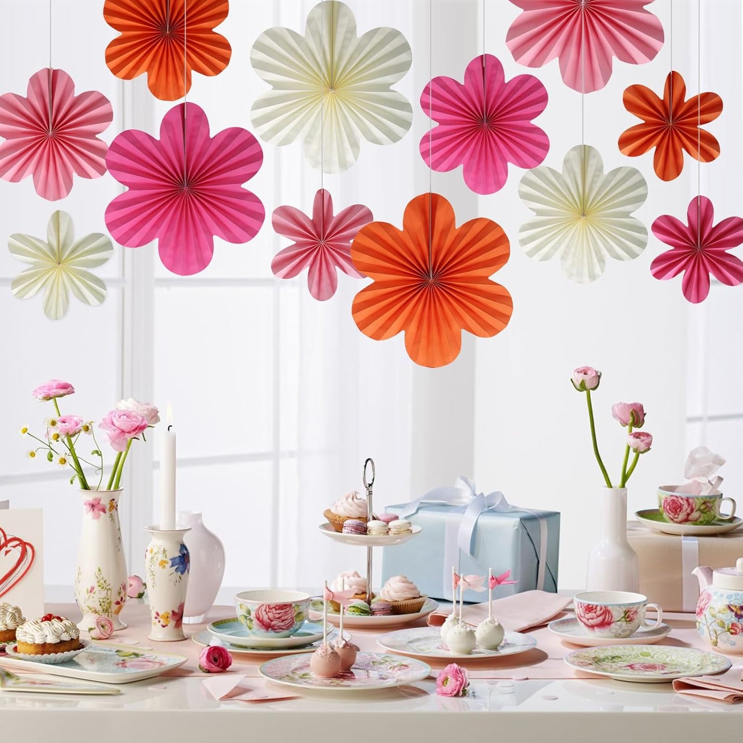 BestoFun 12 PCS Paper Flowers Fans Pink and Orange Party Decorations Paper Flowers Decorations for Wall Girl Groovy Birthday Baby Shower Wedding Bachelorette Room Hanging Décor
