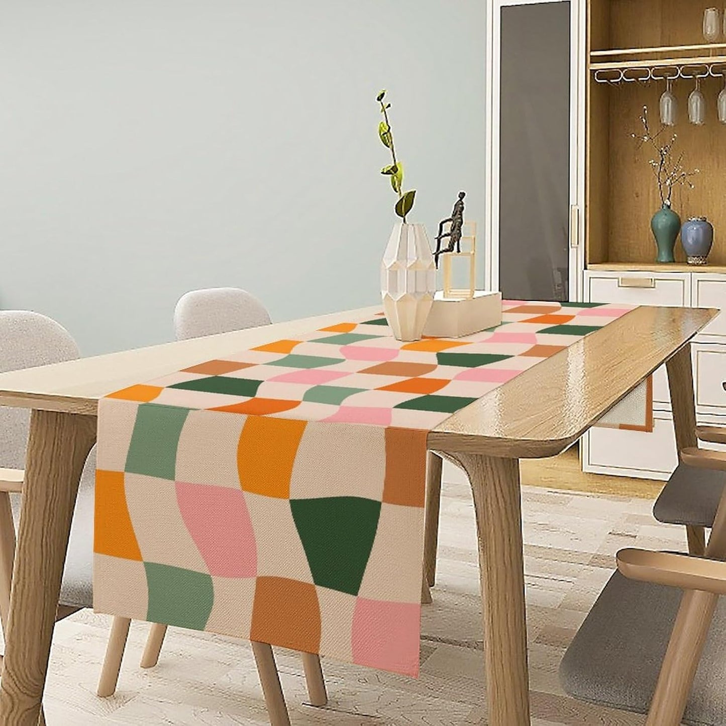 Hippie Table Runner, Vintage Geometric Square Orange Green Pink Grid 60s 70s Style Kitchen Dining Room Decor for Indoor Outdoor Wedding Party Table Runner 13x36 Inch