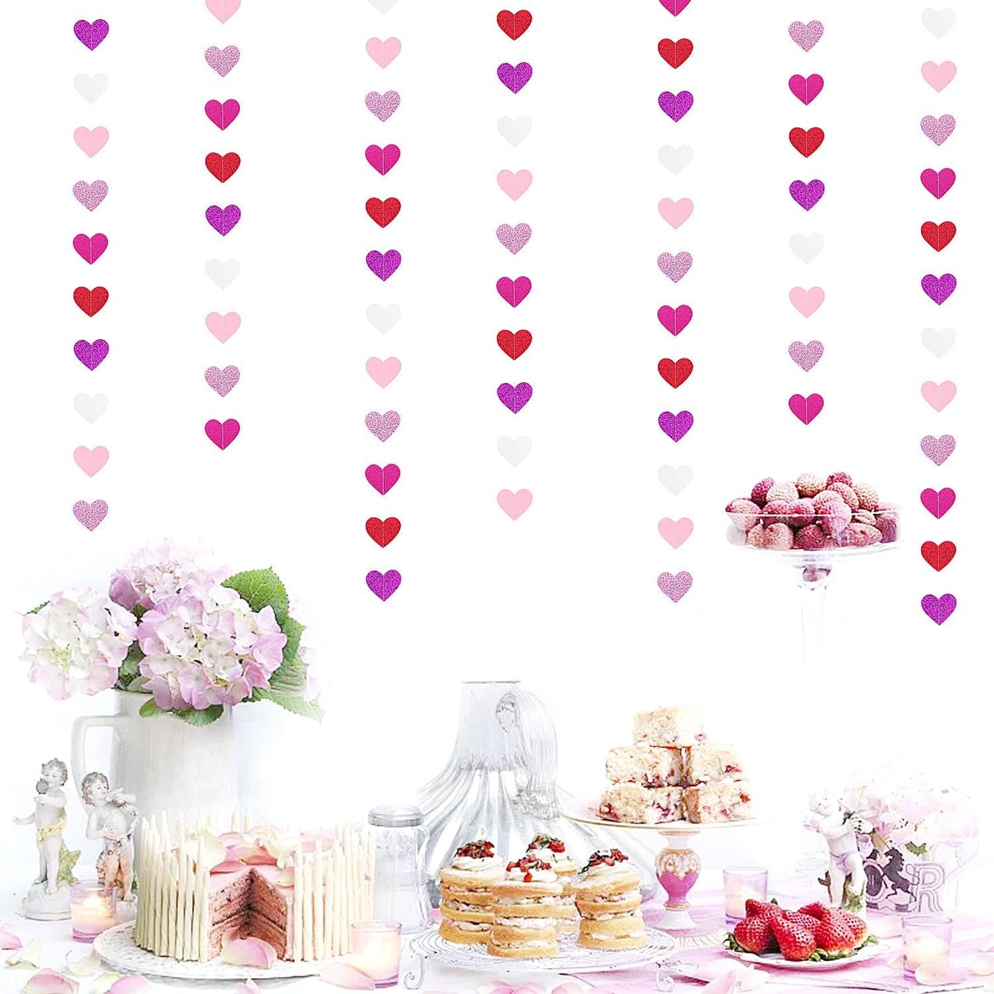 Purple Hot-Pink Red Party-Decoration Heart-Garland - 52ft Galentines Hanging Paper Streamers Banner, Proposal Anniversary Romantic Birthday Baby Shower Rustic Wedding Decor Hugfond