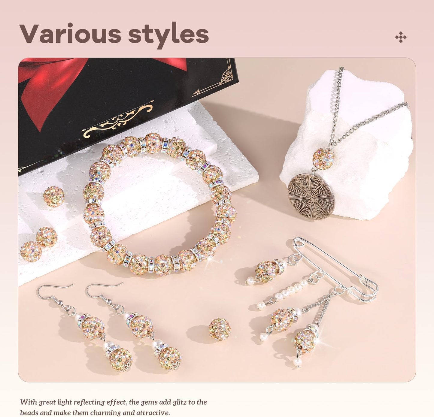 160pcs 10mm Rhinestone Beads for Jewelry Making, Light Peach AB Shiny Round Disco Beads Bulk, Sparkle Crystal Clay Christmas for Bracelet Baseball Necklace Earring Crafting and DIY