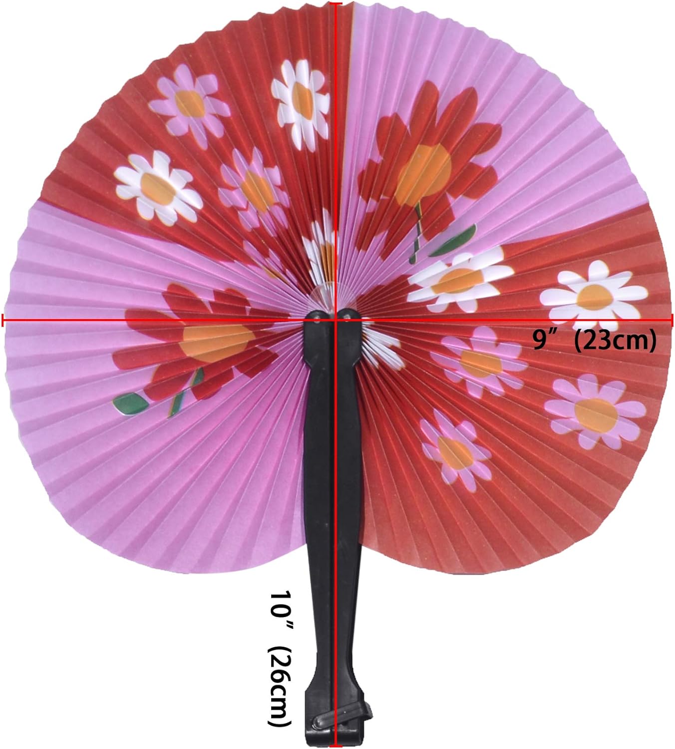 20 Pcs Folding Handheld Fans Paper Chinese Oriental Floral Wedding Round Shaped Accordion Fans Assortment with Plastic Handle for Birthday Party Favors Supplies(Black Handle)