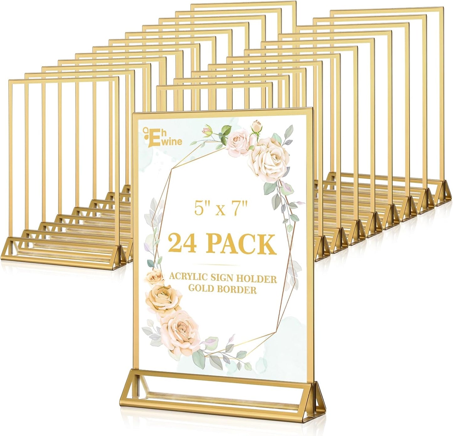 EHWINE 24 Pack Acrylic Sign Holder 5 x 7, Double Sided Gold Picture Frame Stand up Table Top Sign Holders, Clear Display Stand Menu Flyer Holder for Wedding Party