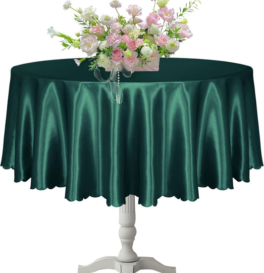 KKJIAF 1 Pack Round Table Cloths 90 Inch, Hunter Green Overlay Round Satin Table Cover, Silky Satin Dining Tablecloths for Wedding Buffet Parties Banquet Decoration