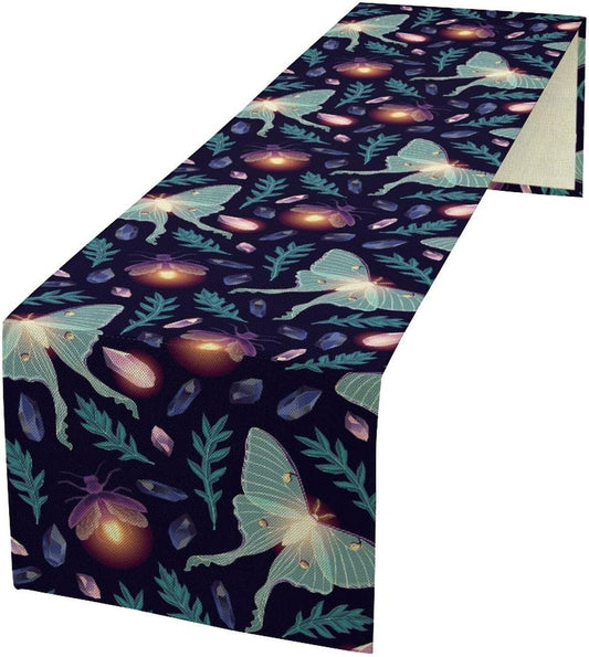 Moth Table Runner, Retro Boho Aesthetic Blue Moth Magic Table Runner for Home Kitchen Dining Party Indoor Outdoor Decoration 13x120 Inch