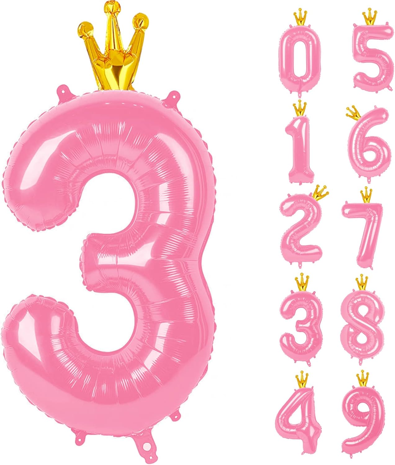 Pink 40 Inch Number Balloon (3) with Crown for Baby Shower, Big Size Foil Helium Balloon for Birthday Party, Wedding, Anniversary