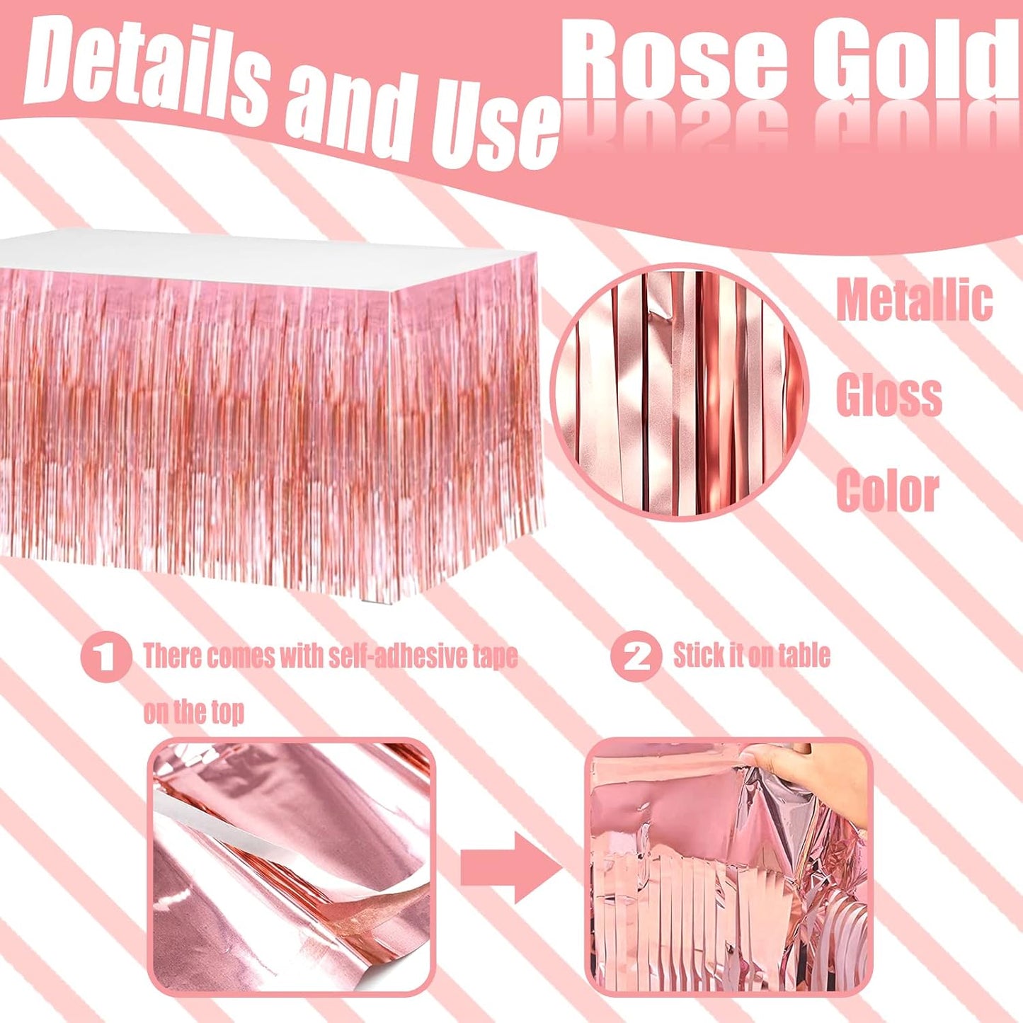 4 Pack 29x108 Inch Metallic Foil Fringe Tinsel Table Skirts for Rectangle Tables Streamer Backdrop for Wedding, Birthday, Parade Floats, Christmas, Halloween Party Decoration(New Rose Gold)