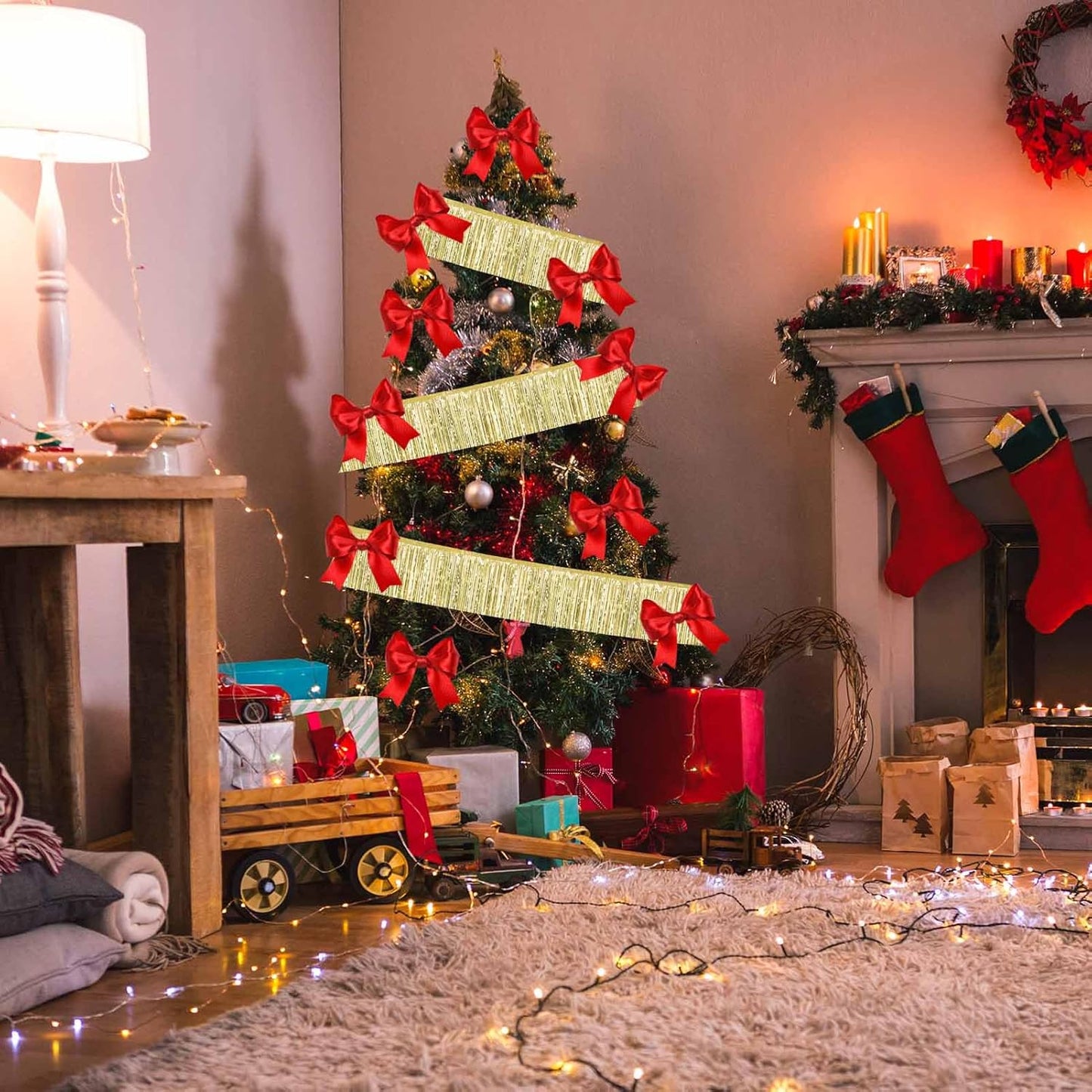 4 Pack 10 Feet Light Gold Foil Fringe Garland Metallic Tinsel Streamers Banner Wall Hanging Curtain Backdrop for Parade Floats, Wedding, Graduate, Mother's Day, Birthday Party Decoration