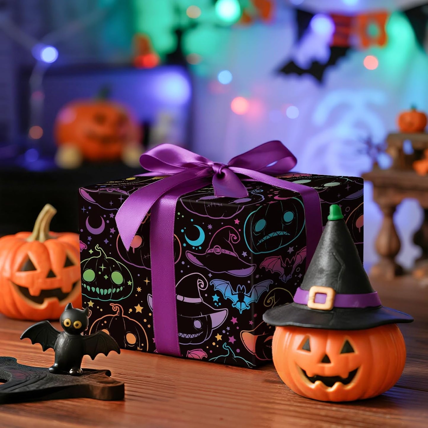 LeZakaa Halloween Pumpkin Wrapping Paper Roll, Neon Pumpkin Witch Hat Bat Pattern in Black, Glow-Like Gothic Kawaii Style Gift Wrap for Spooky Party & Candy Bags, Mini Roll 17 in x 16.4 Ft