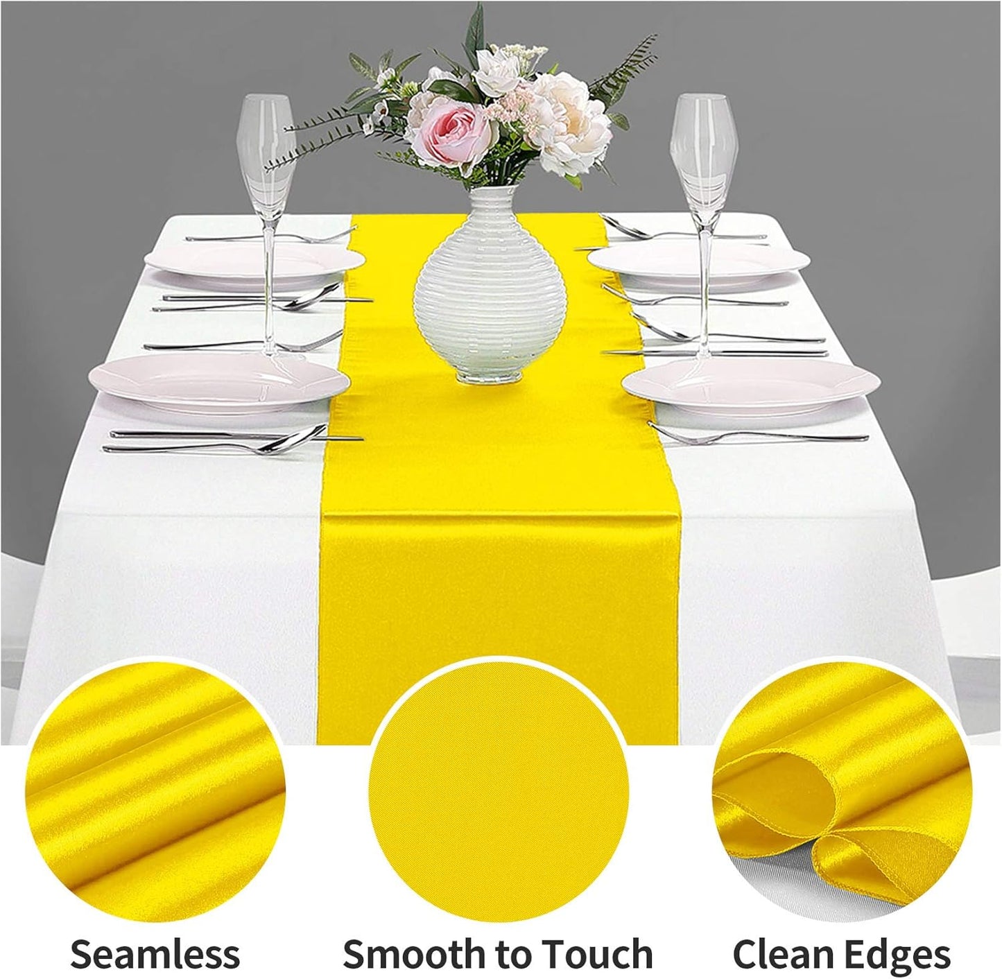 10-Pack Satin Table Runner Yellow 12 x 108 inches Long, Table Runners for Wedding, Birthday Parties, Banquets Decorations（10 Pack, 12x108 Inch, Yellow）