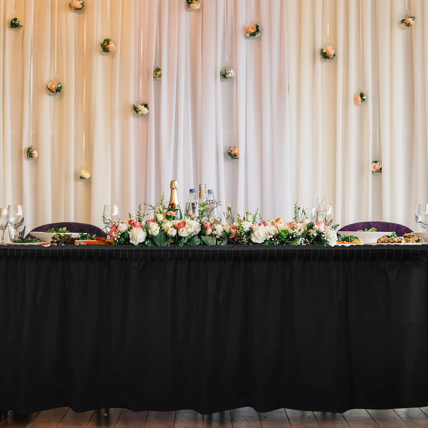 TURSTIN 2 Pieces Black Plastic Table Skirts 14 x 29 Feet for Rectangle Tables Fitted Tablecloth Disposable Table Cover for Birthday Party, Events, Banquette Baby Shower