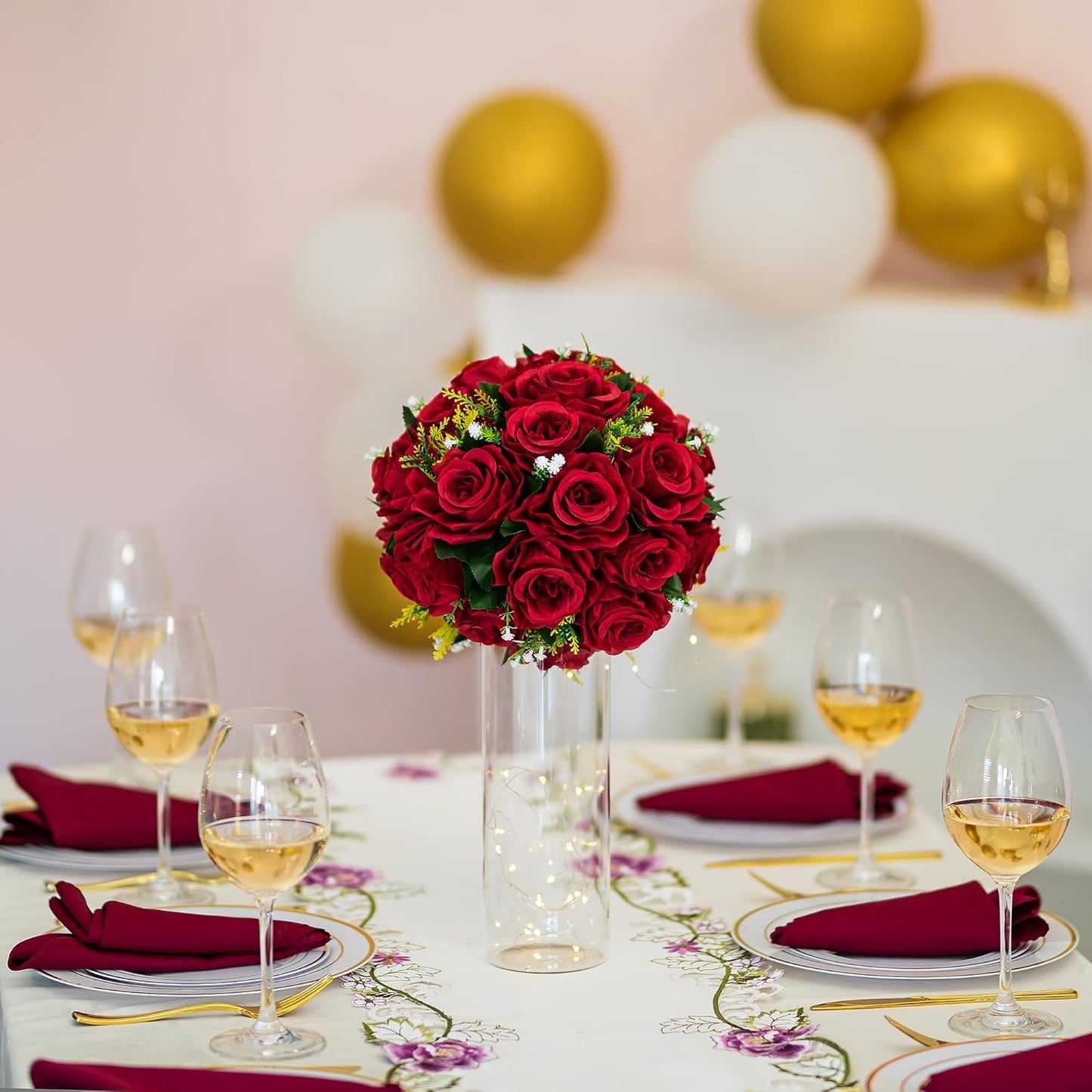 BLOSMON Flower Balls Wedding Rose Centerpieces: 6 Pcs Crimson Fake Flowers Kissing Balls Decor Artificial Floral Arrangements Flower Bouquet of Roses Home Party Table DIY Decorations