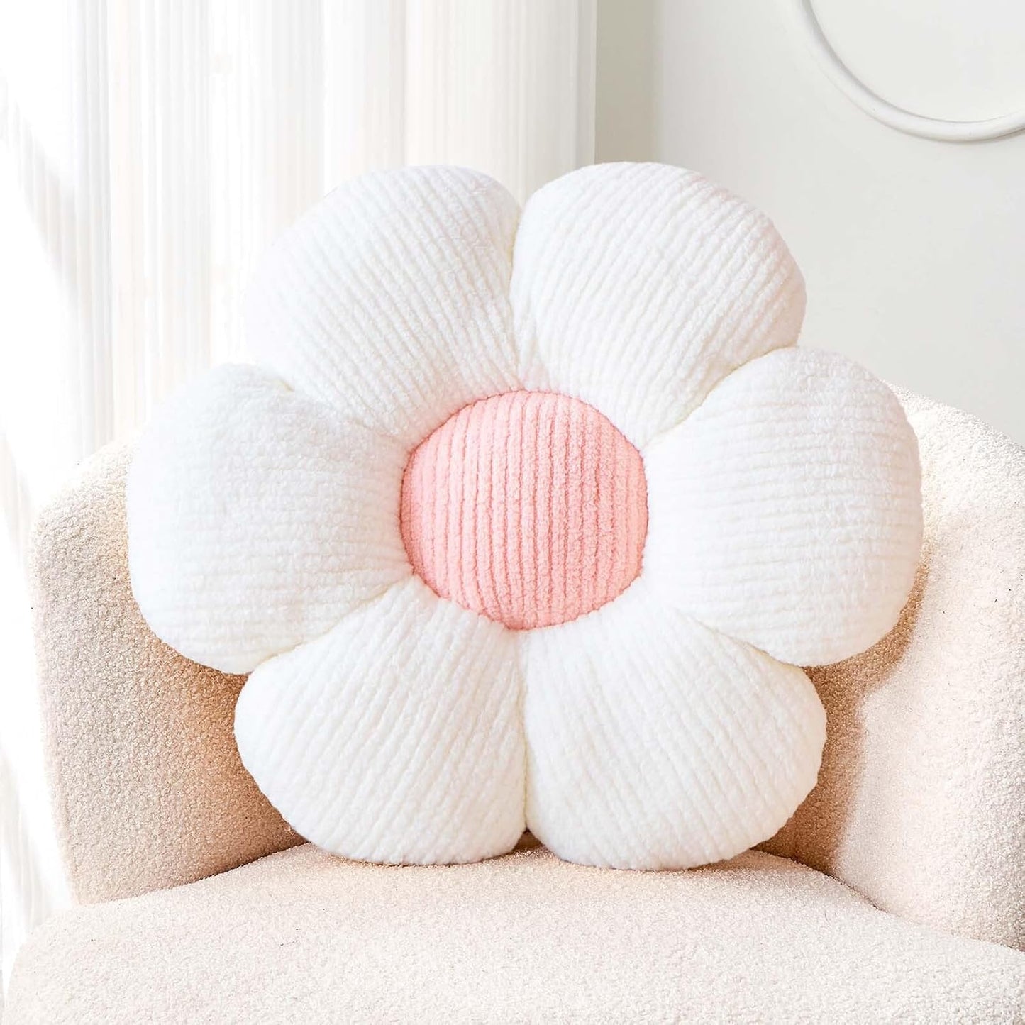 Soft White Pink 14.9" Flower Pillow for Home Decor, Cute Shaped Floor Pillow Aesthetic Plush Decorative Pillow for Bed Sofa Couch