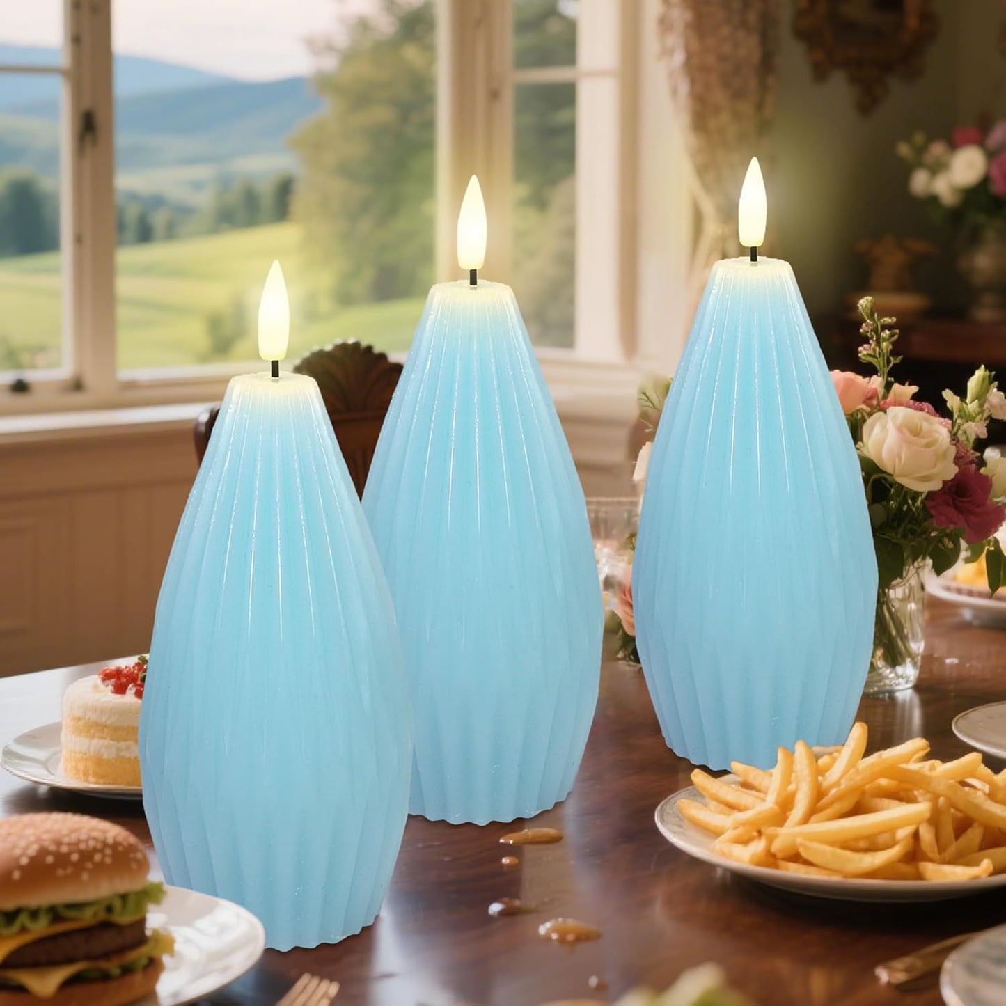 Silverstro Ocean Flameless Candles Remote Irregular Polygon Ribbed Design Real Wax Flicker Battery Operated Candles for Home Party Wedding Thanksgiving Christmas Nautical Decor - Set of 3(Blue)