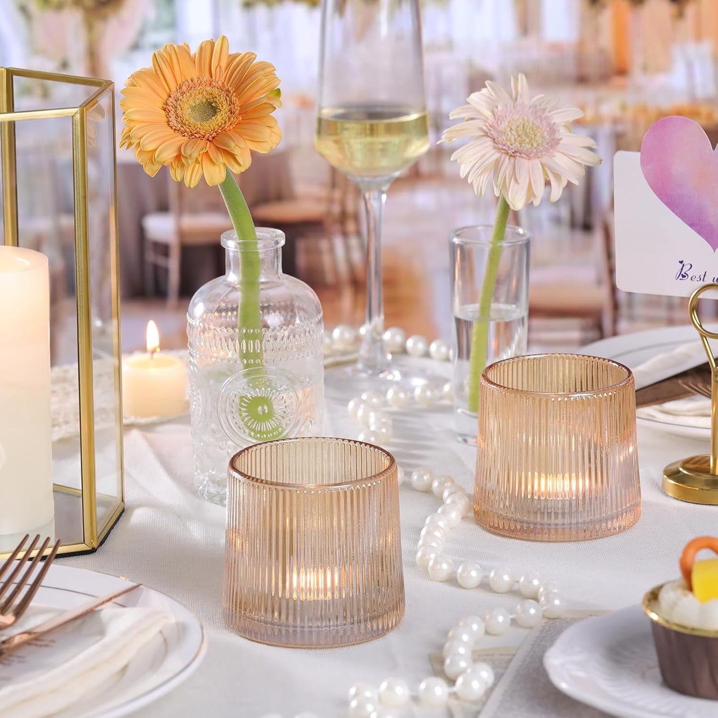 DARJEN Gold Ribbed Tealight Votive Candle Holders- 6Pack Glass Candle Holders for Table Centerpiece, Home Decor, Wedding Decor, Party Dinner