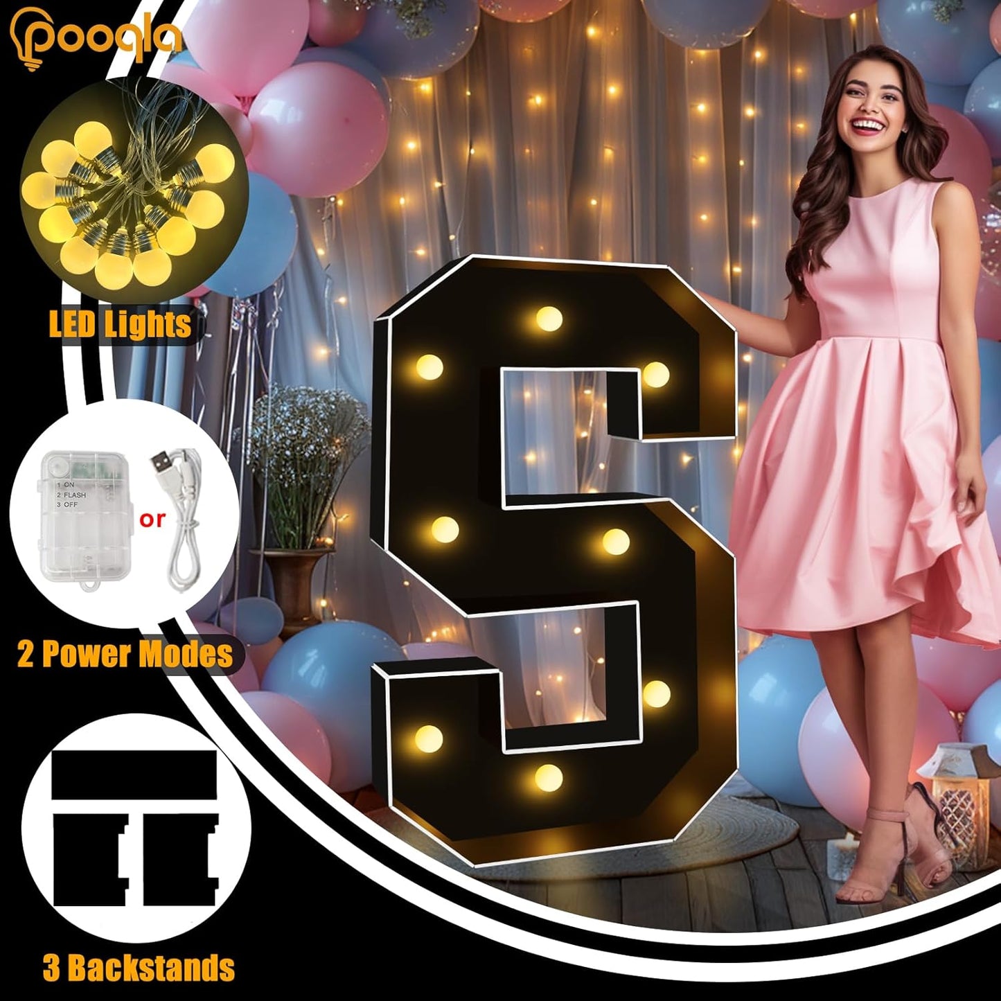 Pooqla 3FT Marquee Light Up Letters, Black LED Party Decor Large Marquee Letters 3 Feet Tall, Giant Mosaic Letter for Birthday Graduation Anniversary Wedding Decoration, Letter T