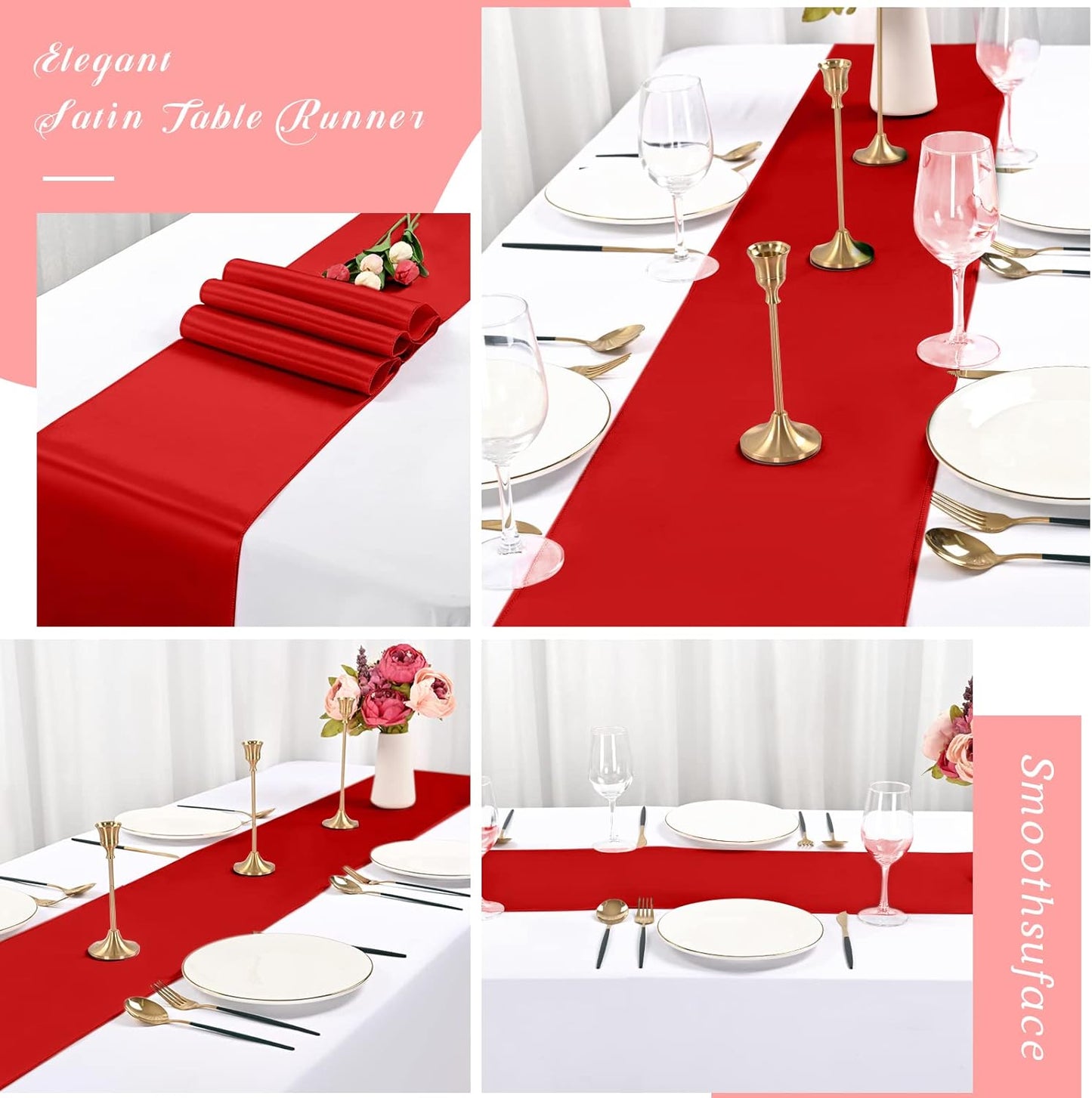 12 Pack Red Satin Table Runner,12 x 108 inch Long Premium Smooth Table Runner for Wedding, Banquets, Birthday, Party, Graduation, Engagements,Table Runners fit Rectangle and Round Table