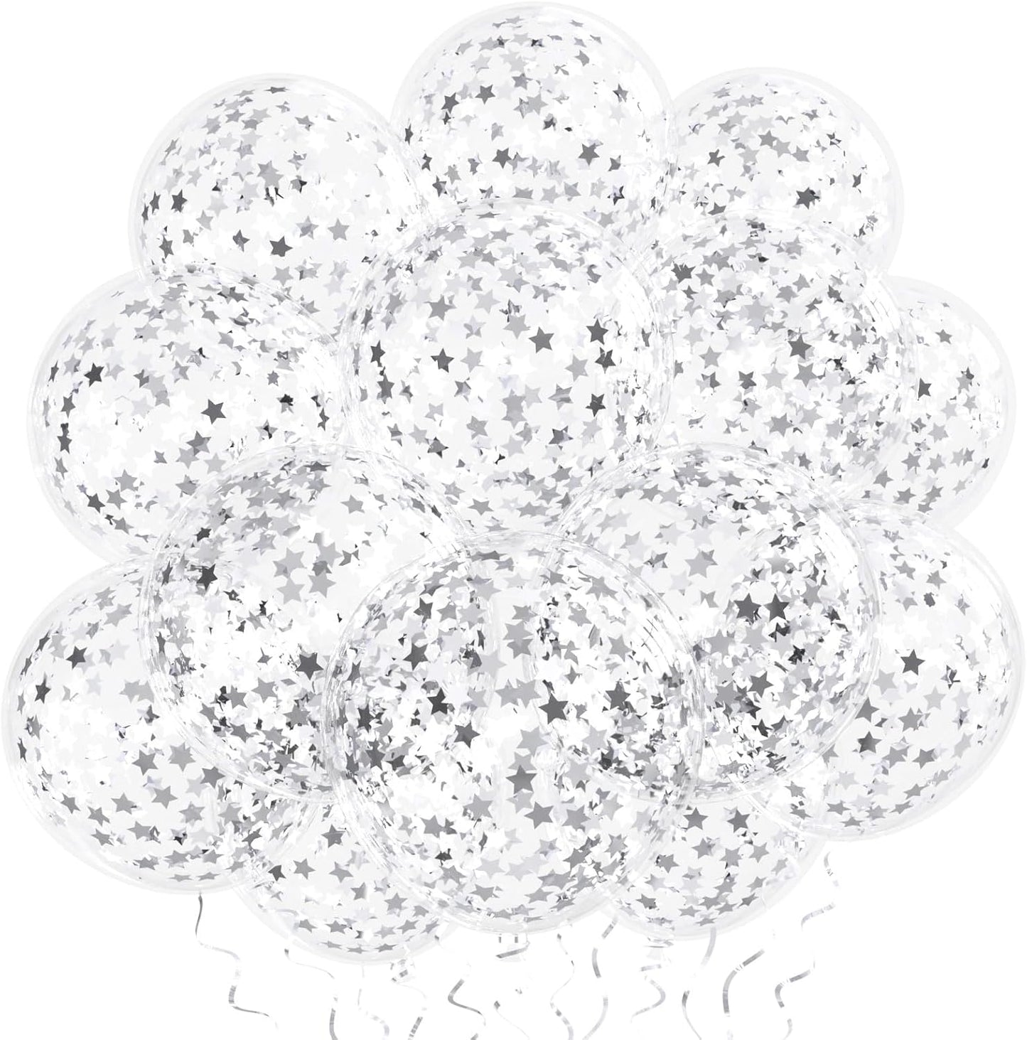 VHUWE 25 Pcs Silver Star Confetti Balloons, 12 Inch Clear Latex Balloon with Confetti Inside for Birthday Party Baby Shower Graduation Engagement Bridal Shower Decorations Supplies - Star Confetti