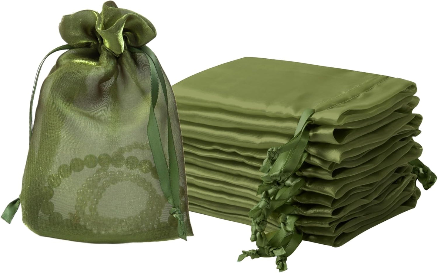 QIANF 20 Pcs Moss Green Small Organza Bags 4X6 inch for Wedding Favors with Drawstring, Mini Mesh Gift Bags Jewelry Pouch for Candy Bridal Shower Party Favor Baby Shower Christmas