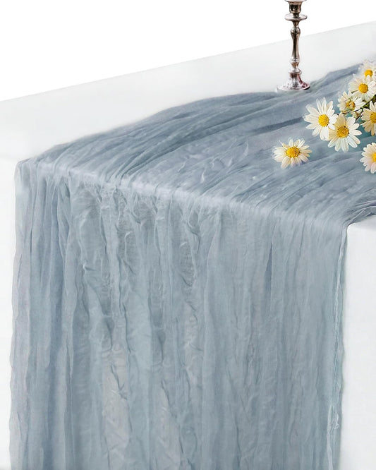 Dusty Blue Cheesecloth Table Runner 120 Inch, Summer Boho Gauze 10 FT, Rustic Cheese Cloth Table Runner for Wedding, Baby Bridal Shower, Party, Farmhouse Centerpiece Home Decorations