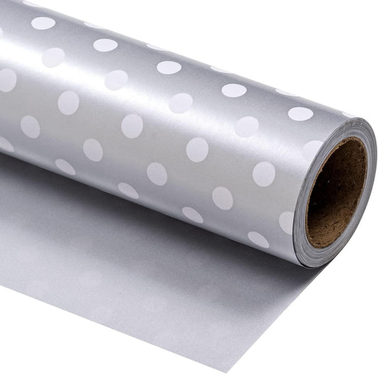 WRAPAHOLIC Reversible Wrapping Paper - Mini Roll - 17 Inch X 33 Feet - Silver Print and Polka Dot Design for Birthday, Holiday, Wedding, Baby Shower