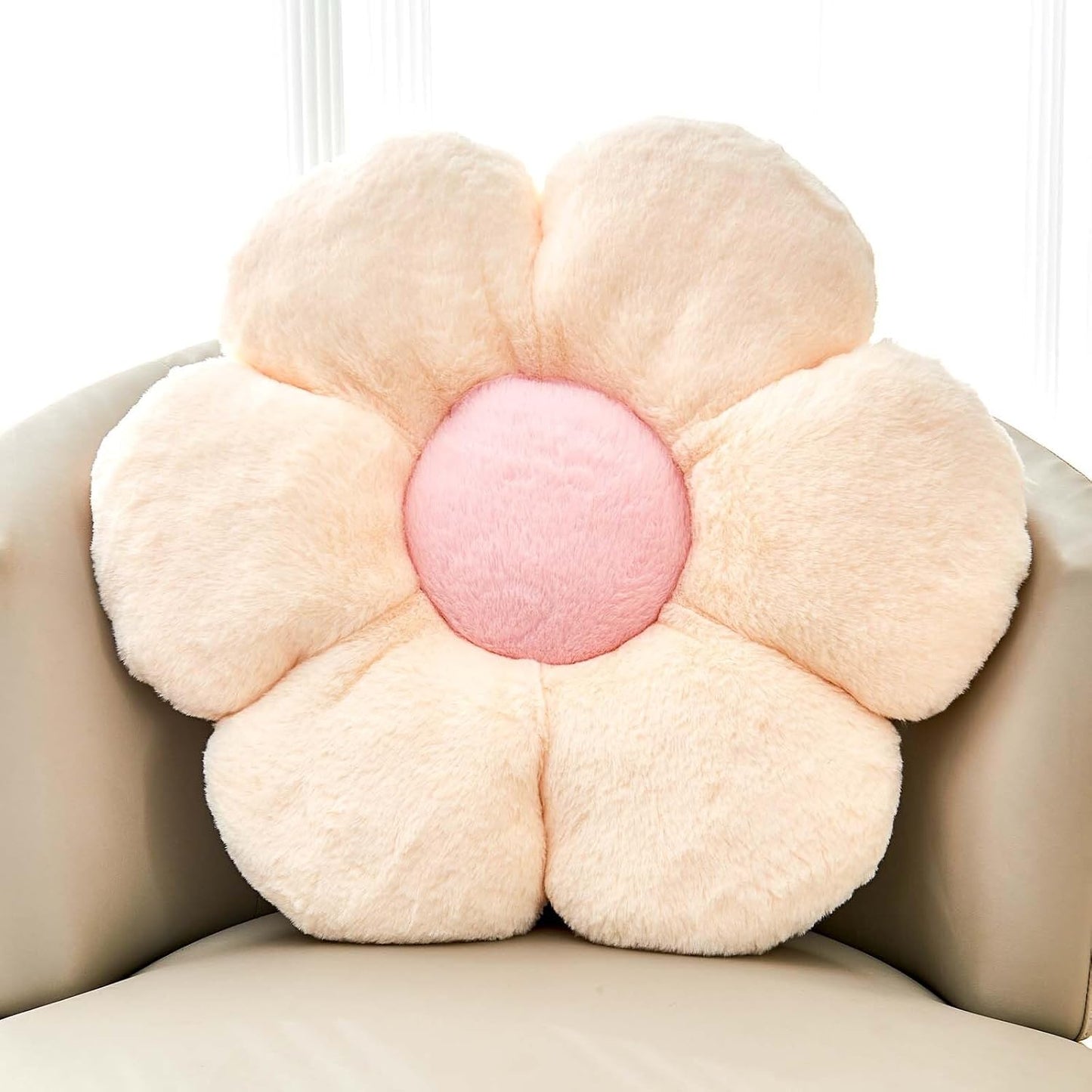 Beige Flower Pillow, Cute Decorative Flower Shaped Throw Pillow with Faux Rabbit Fur, 14.9" Soft Flower Plush Throw Pillow Floor Pillows Room Décor for Bedroom Living Room