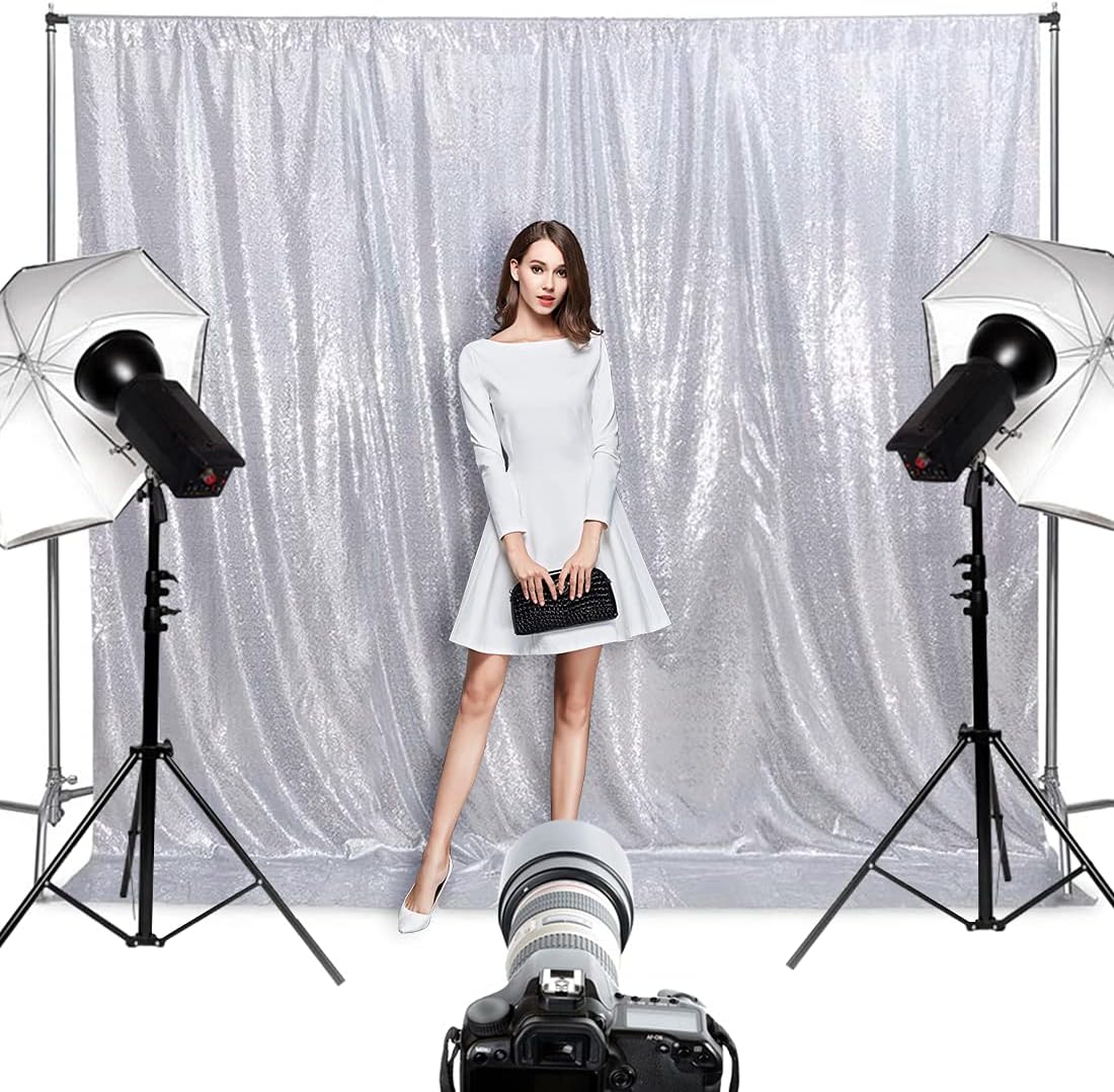 Poise3EHome 6Ft x 6Ft Silver Sequin Backdrop Curtain, Glitter Thick Satin Background Drapes, Sparkly Opaque Photography Curtain, Sequence Xmas Thanksgiving Backdrop for Wedding Party Decor