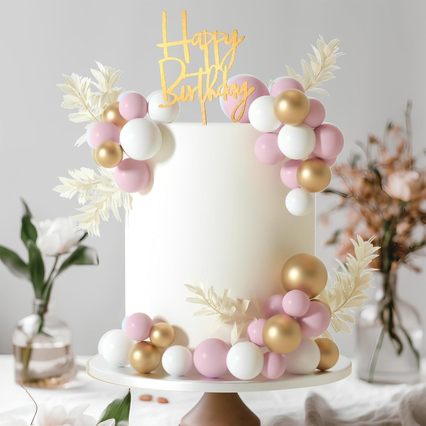 MIAHART Ball Cake Toppers Boho Grass Cake Topper Ball Cake Insert Decoration for Birthday Wedding Baby Shower Party Decorations Boho Themed Party Supplies (white，gold，pink)