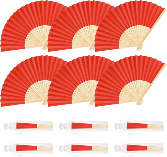 6 Pieces Red Hand Held Bamboo Folding Fans Foldable Paper Fans Handheld for Women Girls Wedding DIY Decoration Church Home Party Favors Summer