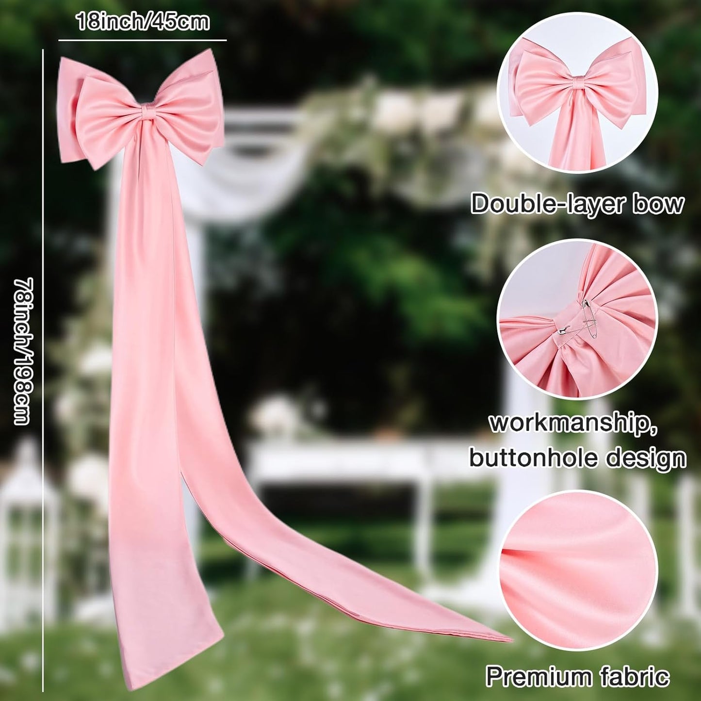 Big Bow with 24 Pcs Chair Ribbon Wedding Aisle Decorations, 78x18 inch Giant Bow for Backdrop Detachable Bow for Dress, Pew Bows Sashes for Chair Wedding Ceremony Outdoor Party (Pink)