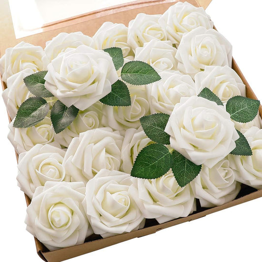 Floroom Artificial Flowers 50pcs Real Looking Ivory Foam Fake Roses with Stems for DIY Wedding Bouquets White Baby Shower Centerpieces Floral Arrangements Party Tables Home Decorations