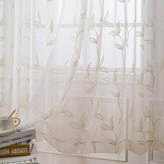 VISIONTEX Sheer Curtains 63 inch Length 2 Panels Set, White Voile Crushed Cream Vine Leaves Embroidery, Rod Pocket Embroidered Window Drapes for Living Room and Bedroom, 54" x 63"